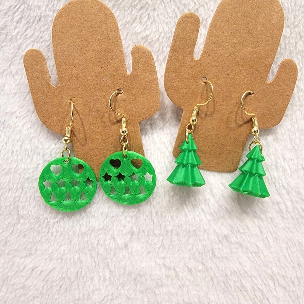 Green Christmas Tree and Ball Earrings